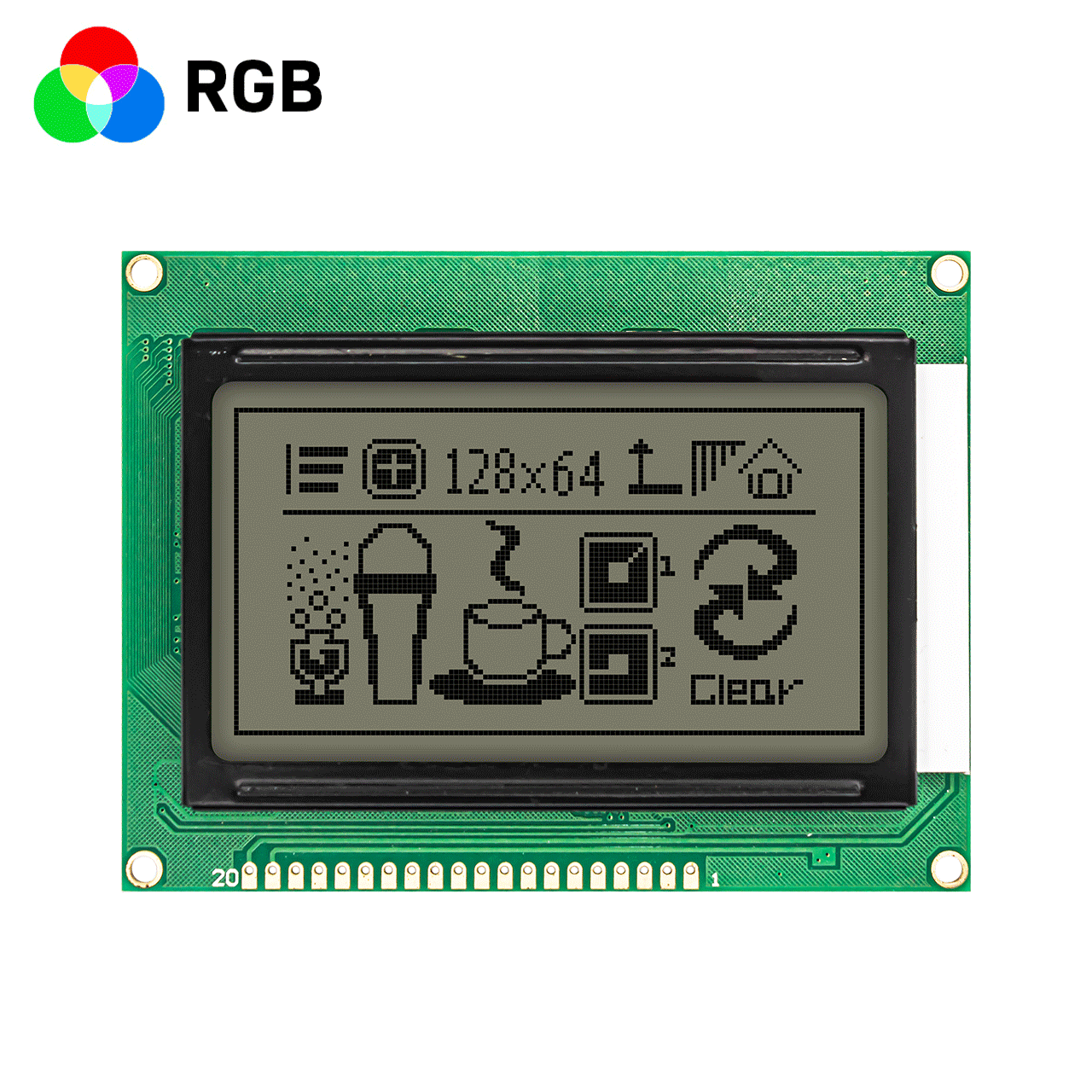 3.2 inch 128x64 graphic dot matrix module/red, green and blue backlight/Chinese character library/FSTN fully transmissive LCD/Arduino